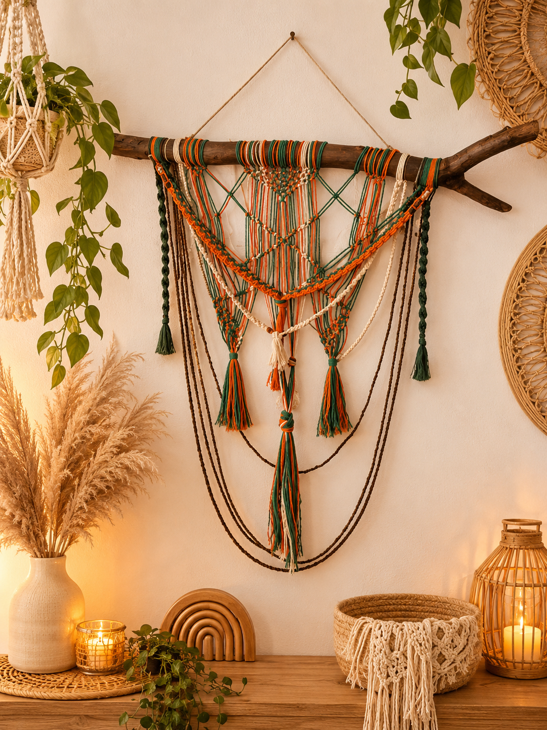 Decor de Perete Boho din Macrame – Handmade cu Lemn Natural