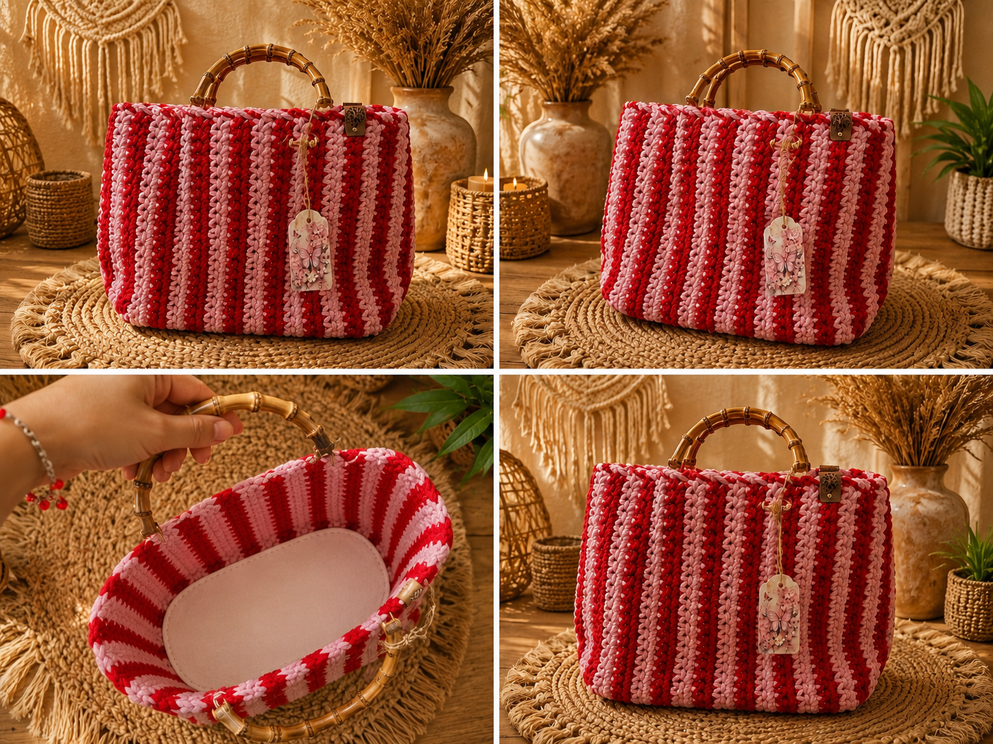 Geanta Crosetata Handmade Dungi Rosu si Roz Pastel cu Manere din Bambus - Boho Chic