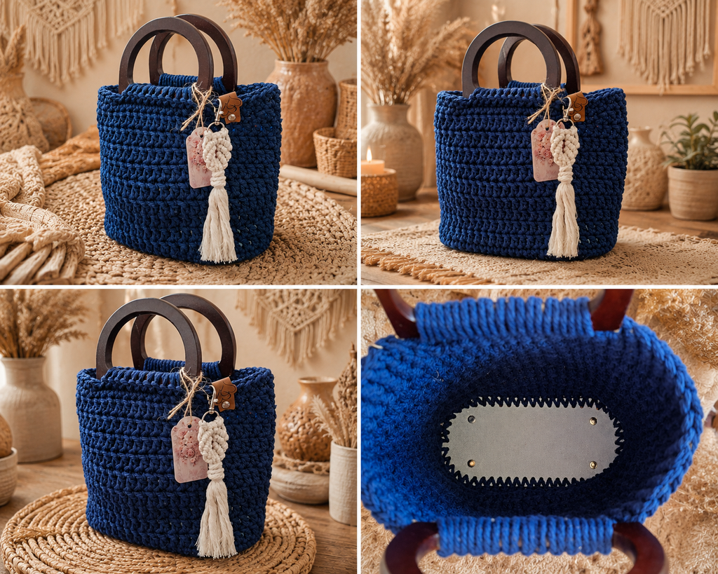 Geantă Croșetată Handmade Albastru Regal cu Mânere din Lemn Natural și Ciucure