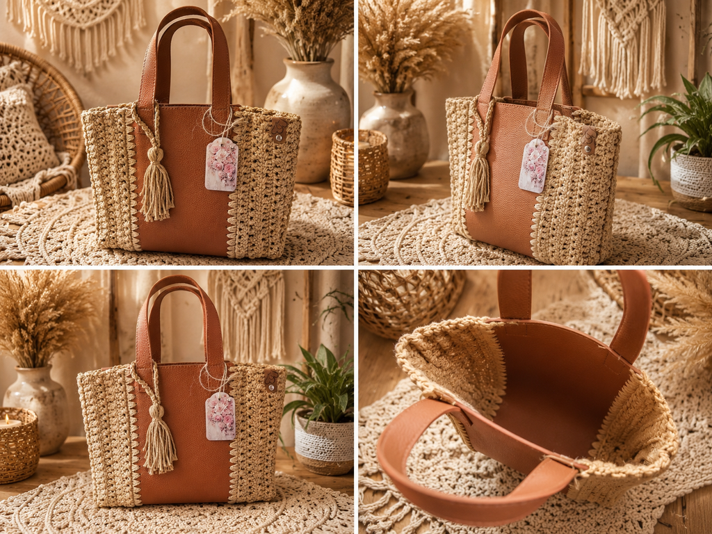 Geantă Croșetată Handmade Bej cu Inserție din Piele Ecologică Maro Cognac – Boho Chic