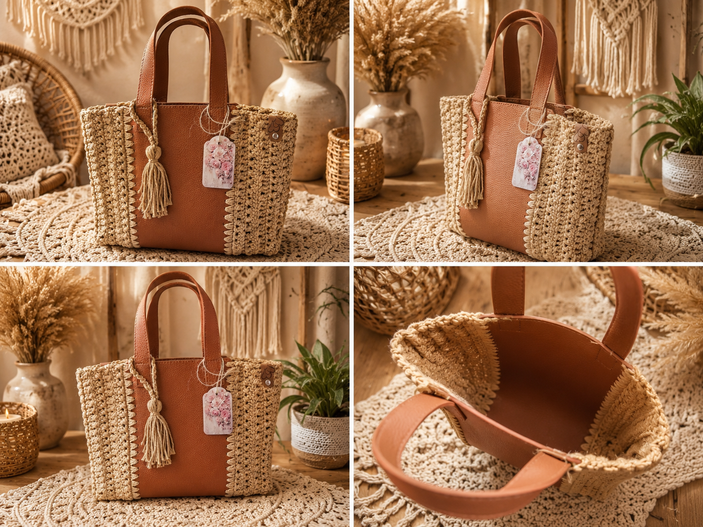 Geantă Croșetată Handmade Bej cu Inserție din Piele Ecologică Maro Cognac – Boho Chic