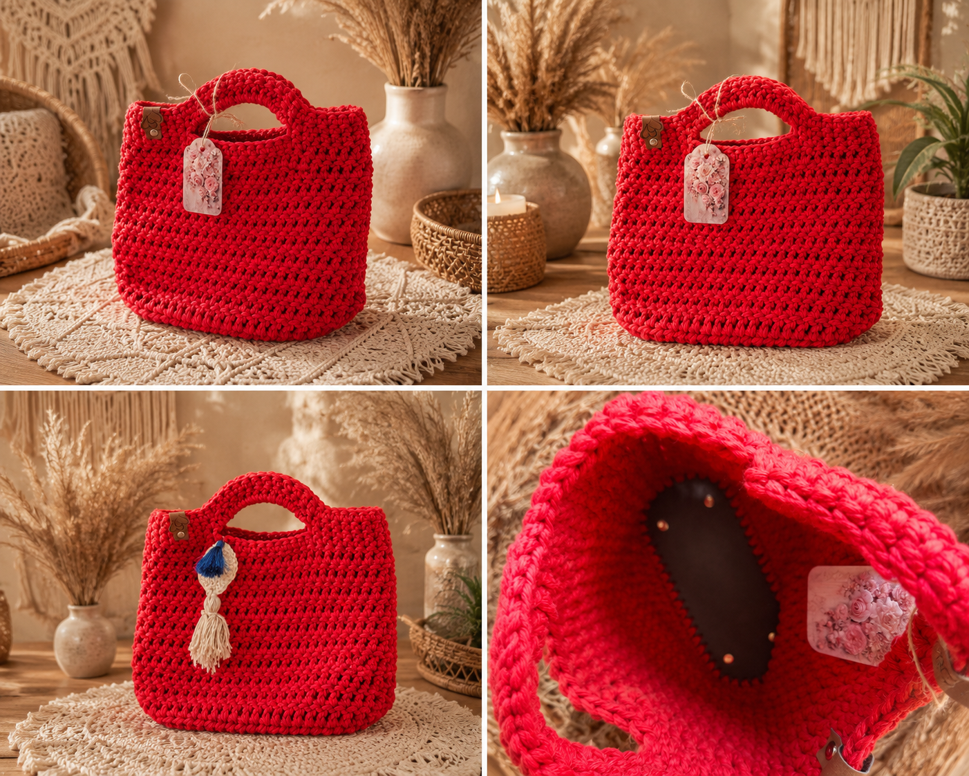 Geantă Croșetată Handmade Roșie Intens – Statement Piece Boho Chic