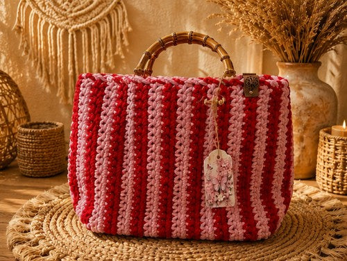 Geanta Crosetata Handmade Dungi Rosu si Roz Pastel cu Manere din Bambus - Boho Chic