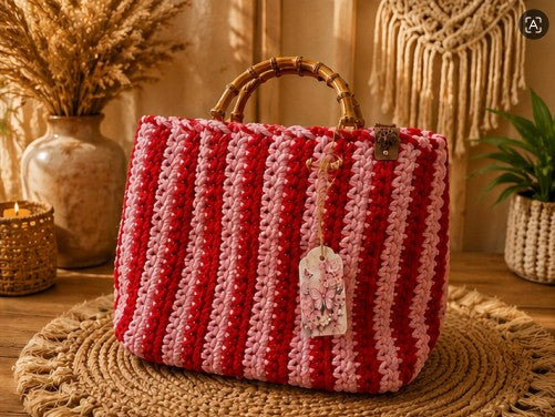 Geanta Crosetata Handmade Dungi Rosu si Roz Pastel cu Manere din Bambus - Boho Chic