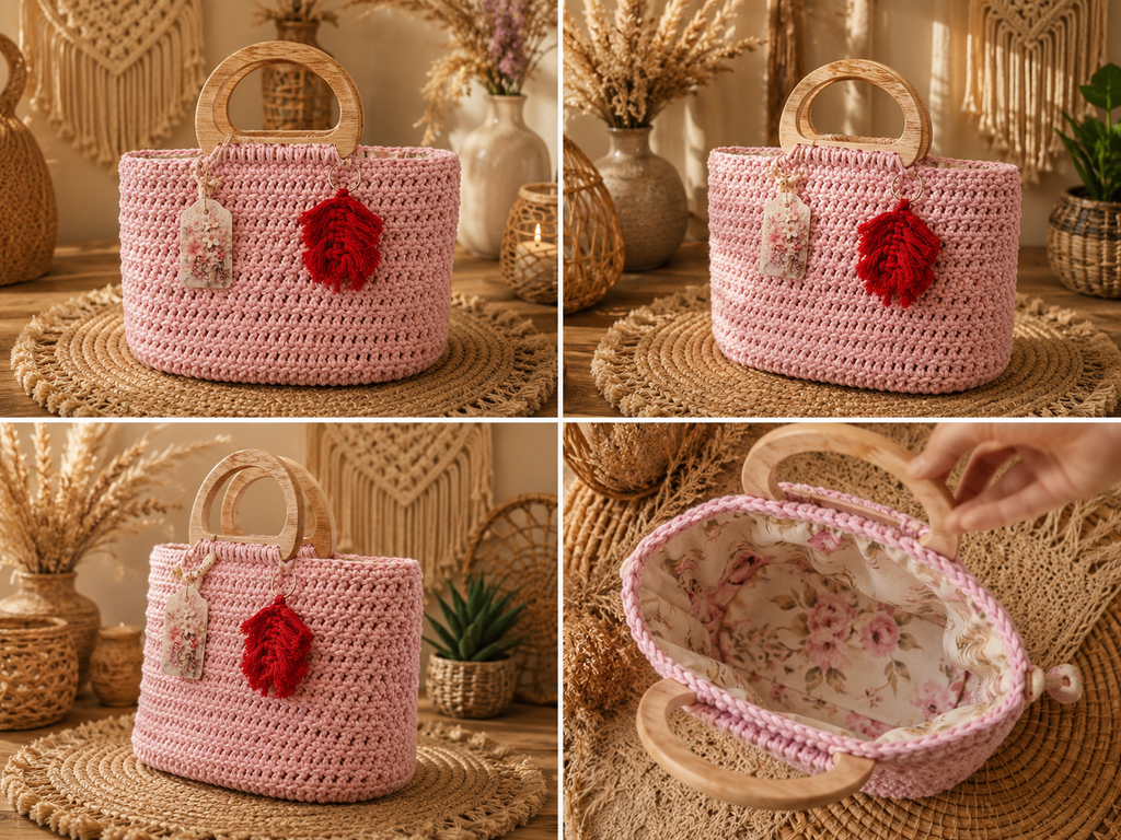 Geantă Croșetată din Macrame Roz Pudrat cu Mânere din Lemn Natural – Handmade