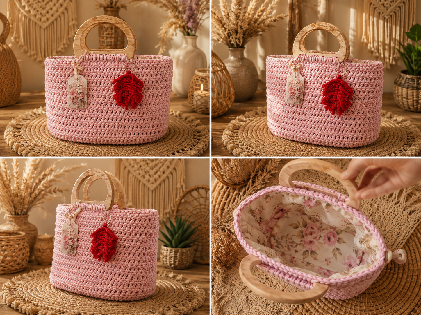 Geantă Croșetată din Macrame Roz Pudrat cu Mânere din Lemn Natural – Handmade