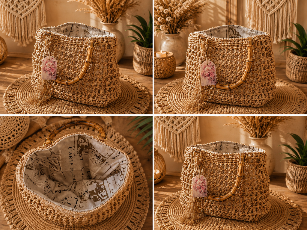 Geanta Handmade din Raffia Naturala cu Manere din Bambus - Boho Chic Elegant