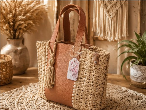 Geantă Croșetată Handmade Bej cu Inserție din Piele Ecologică Maro Cognac – Boho Chic