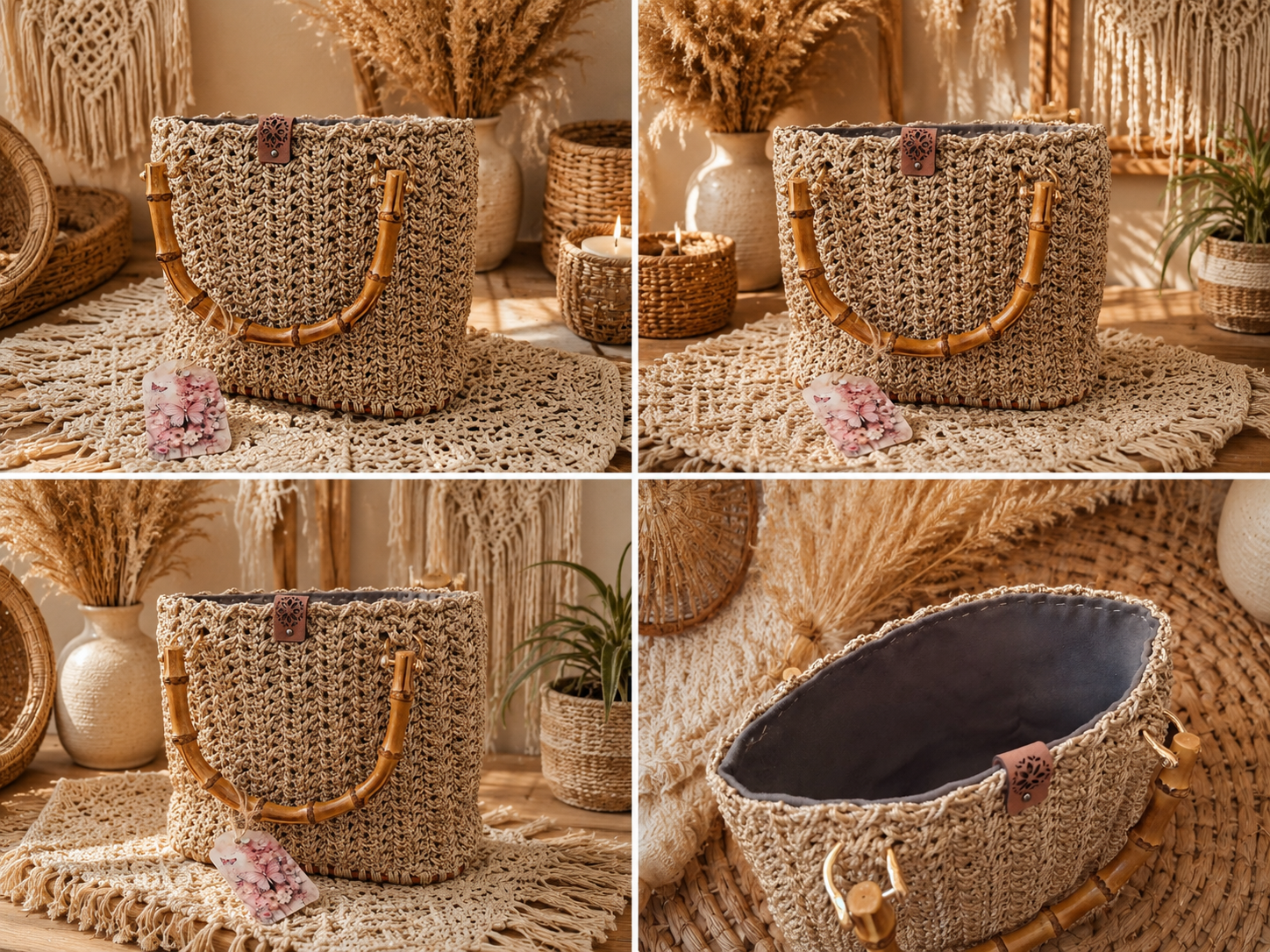 Geantă Croșetată Handmade Bej Natural cu Mânere din Bambus – Boho Chic