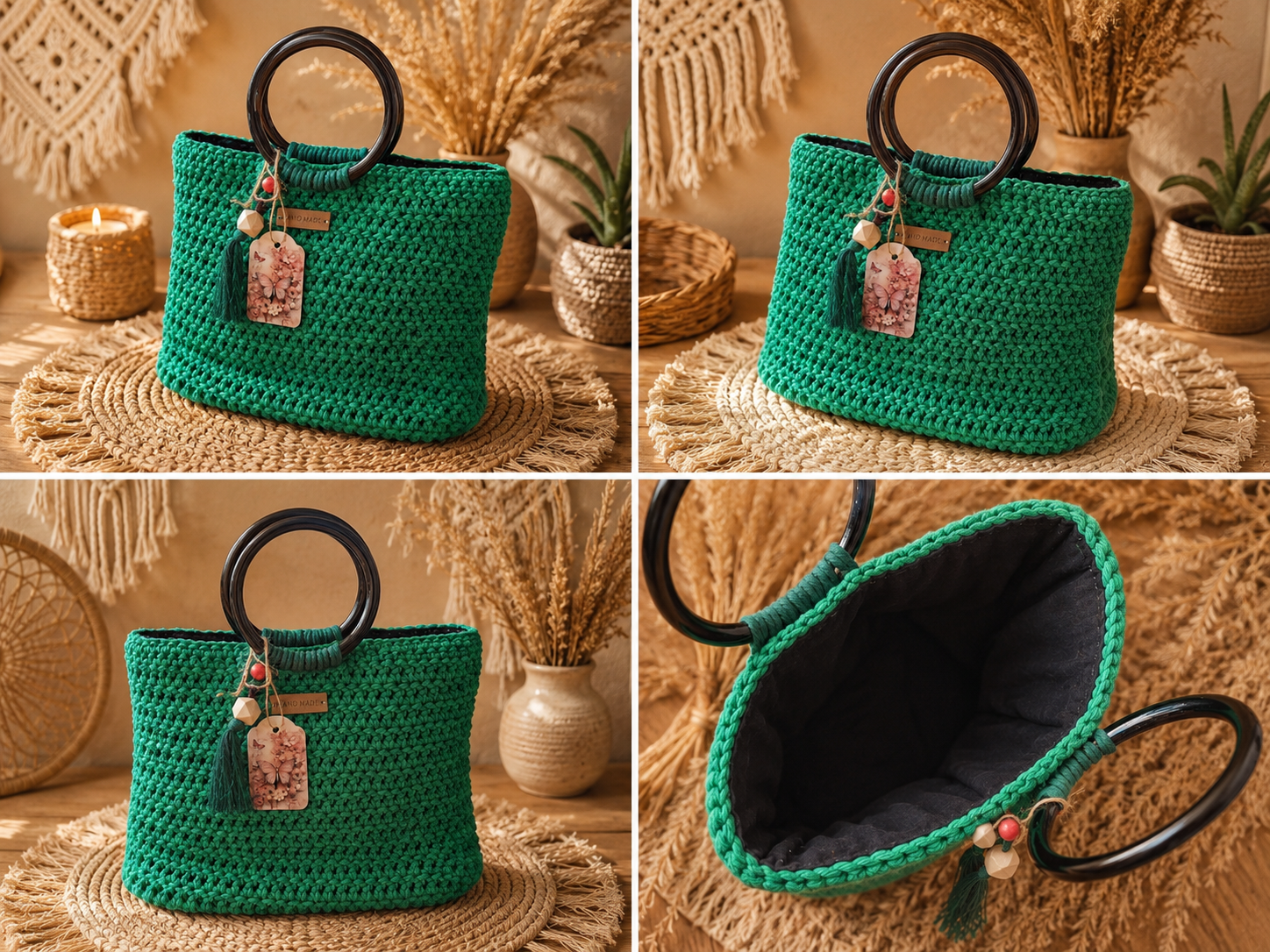 Geantă Croșetată Handmade Verde Smarald cu Mânere Rotunde – Statement Piece