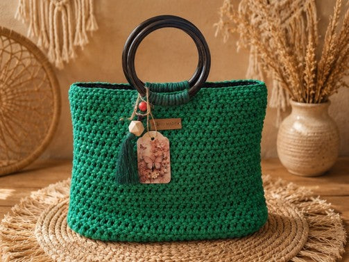Geantă Croșetată Handmade Verde Smarald cu Mânere Rotunde – Statement Piece