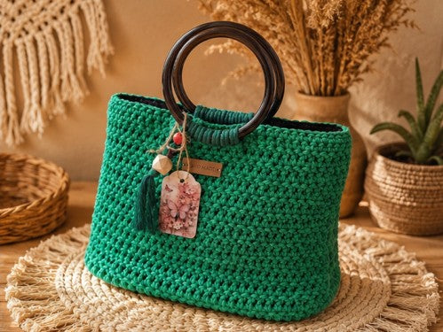 Geantă Croșetată Handmade Verde Smarald cu Mânere Rotunde – Statement Piece