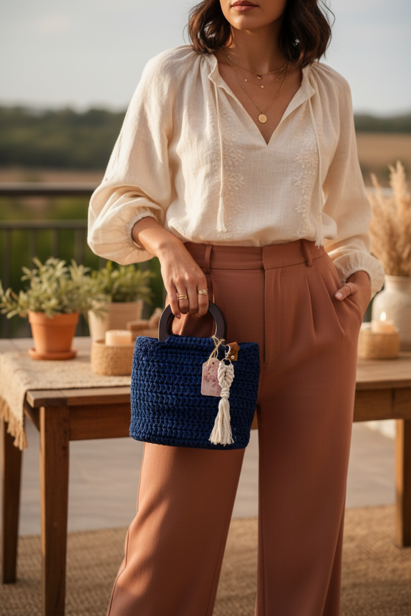 Geantă albastră mini purtată de model