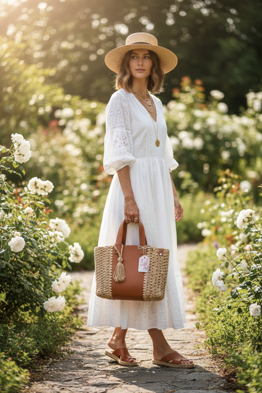 Geantă bej cognac purtată de model