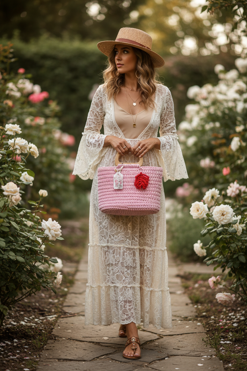 Geantă Croșetată din Macrame Roz Pudrat cu Mânere din Lemn Natural – Handmade